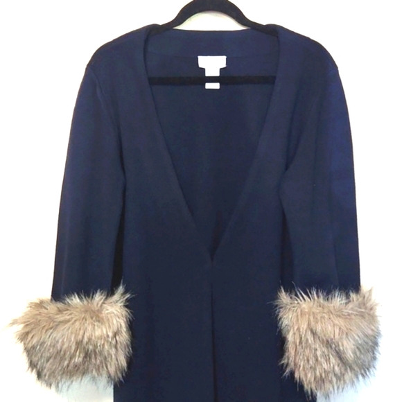 Soft Surroundings Navy Blue Cardigan Faux Fur Trimmed Cuffs Size XL EUC! - Picture 7 of 10